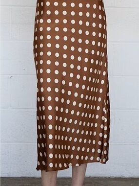 Anthropologie Brown Satin Midi Skirt with White Polka Dots
